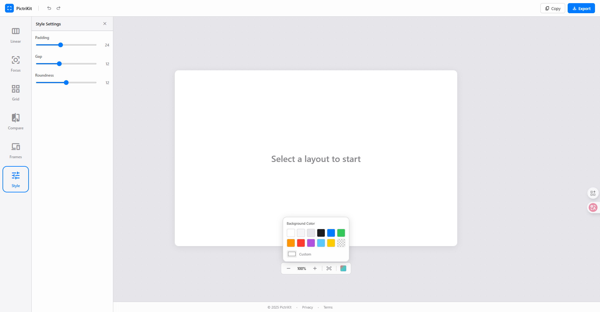 PictriKit style customization panel - adjust padding gaps colors and corner radius for screenshot layouts