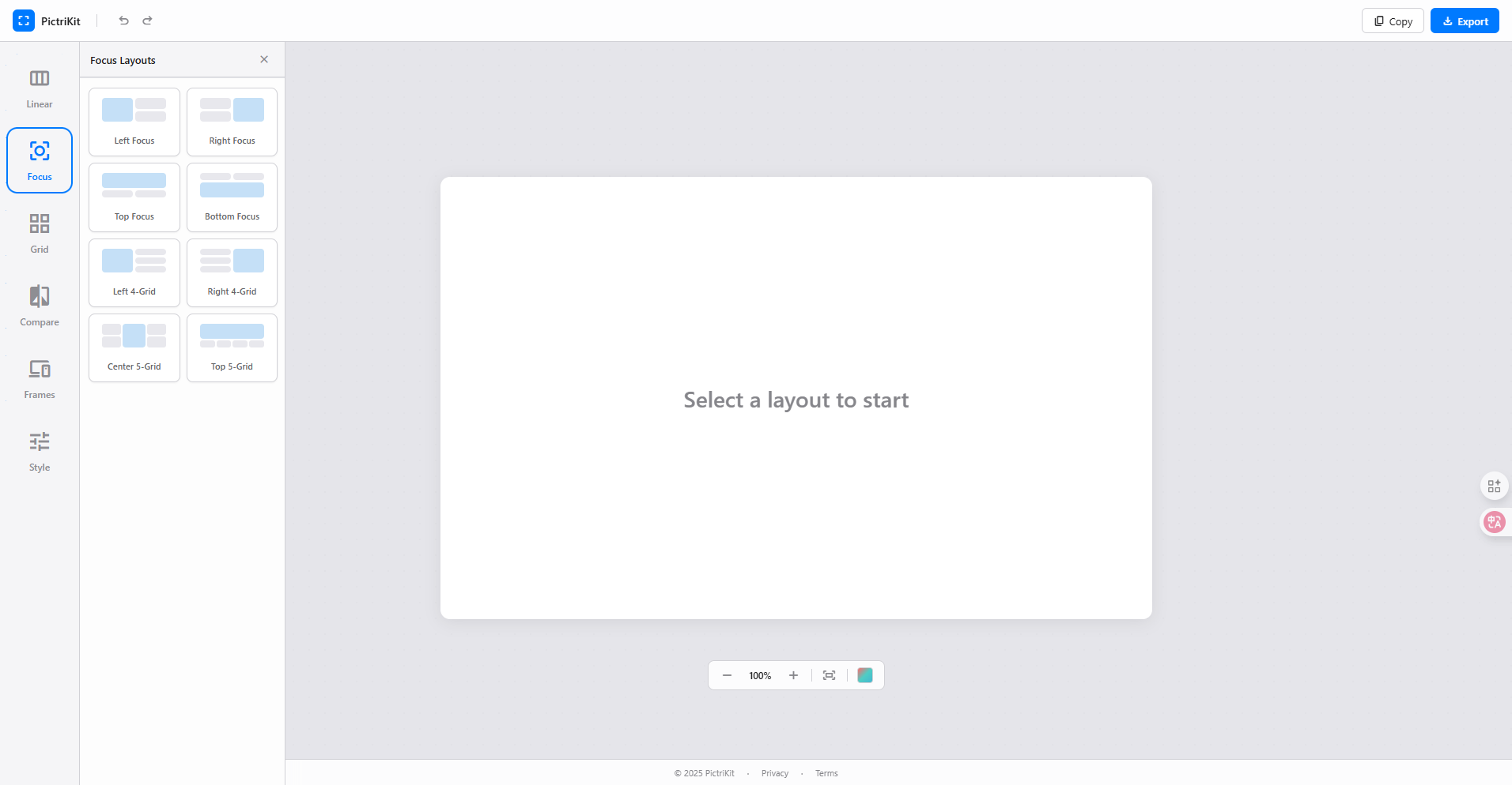 PictriKit focus layout mode - highlight main screenshot with supporting thumbnails for app showcase