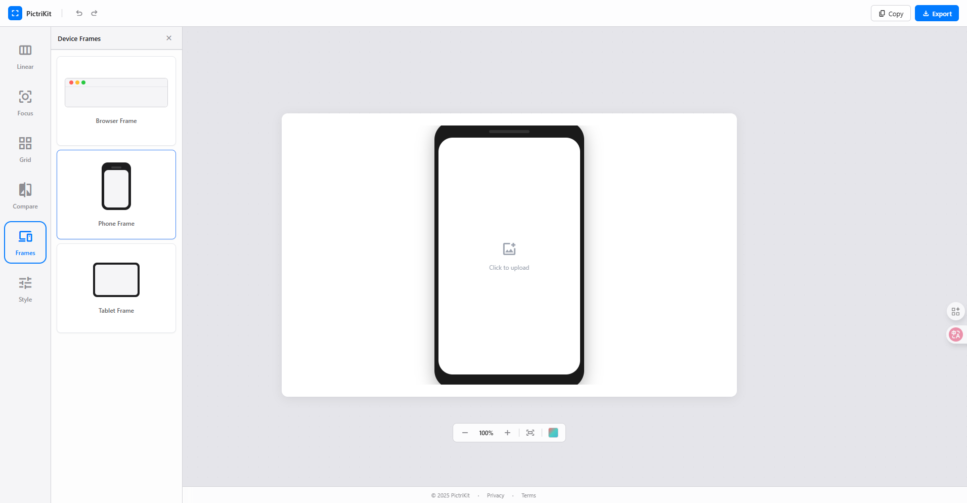 PictriKit device mockup frames - iPhone browser and tablet frames for professional app screenshots
